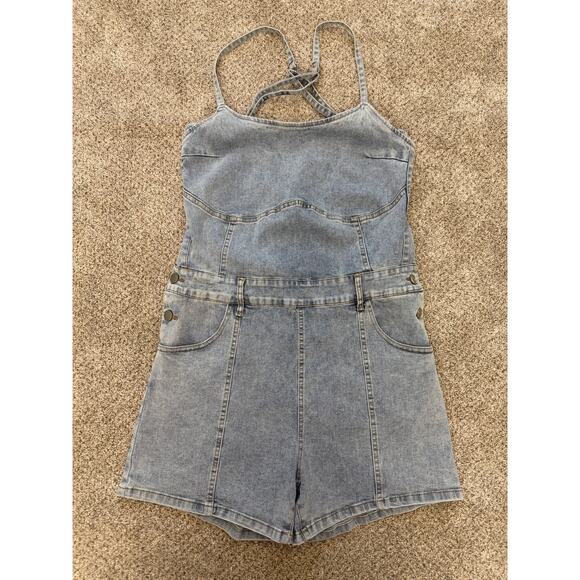 Shein Pants - SHEIN Denim Romper Lace Up Back Large